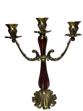 Vintage Brass and Red Glass Insert Three-Arm Candelabra
Victorian. Centrepiece